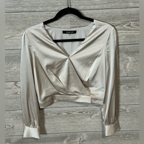 Long Sleeve Surplice Crop Top, Blouse, Size Small, Champagne, V-neck, Satin - Picture 5 of 9